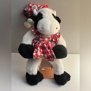 Vintage Plush Black & White Cow in Festive Red Dress